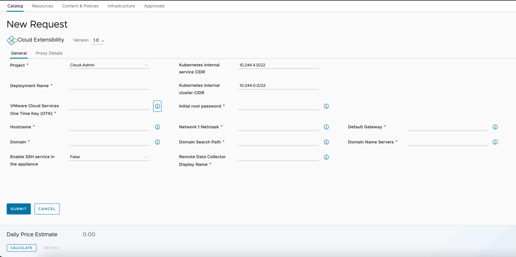 How to deploy Aria Automation(VRA) Cloud extensibility proxy appliance  using self Service&nbsp;catalog
